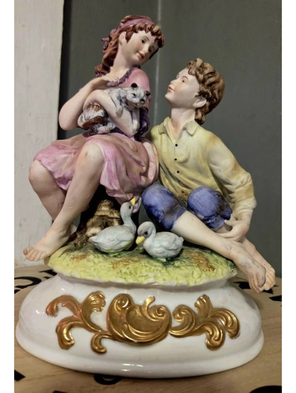 vintage Napcoware C-7636 porcelain young couple with a cat and 2 small ducks.